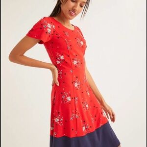Boden Erica Ponte Red and Navy Floral Midi Dress